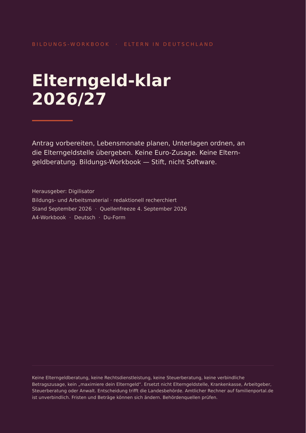 Cover des E-Books Elterngeld-klar 2026/27 in Pflaume und Terrakotta: Workbook für Eltern, Bildungs- und Arbeitsmaterial, Herausgeber Digilisator